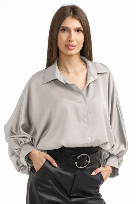Camasa eleganta din satin, cu maneci bufante, gri deschis