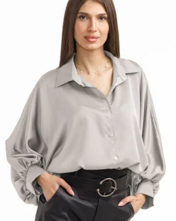 Camasa eleganta din satin, cu maneci bufante, gri deschis