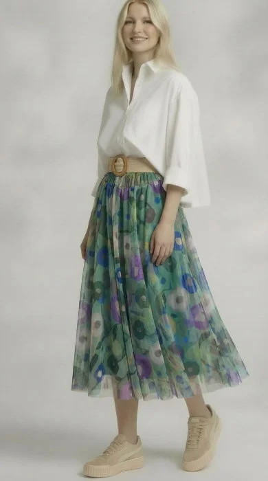 Fusta clos din tulle cu imprimeu floral pictural pe fond verde