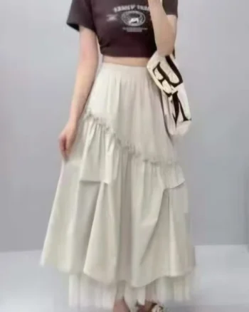 Fusta midi ampla cu volane, falduri si tulle,bej