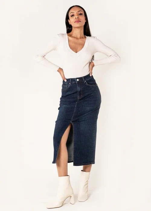 Fusta albastru inchis de denim cu slit frontal P215 M10