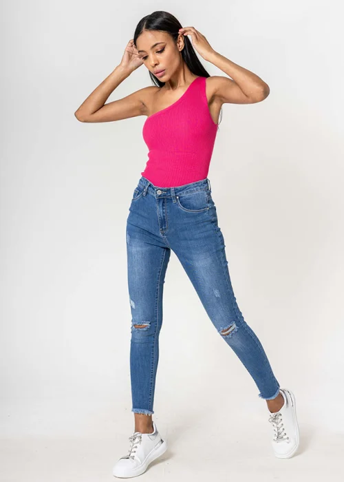 Blugi slim dama cu detalii rupte, Albastru P501-5 M10