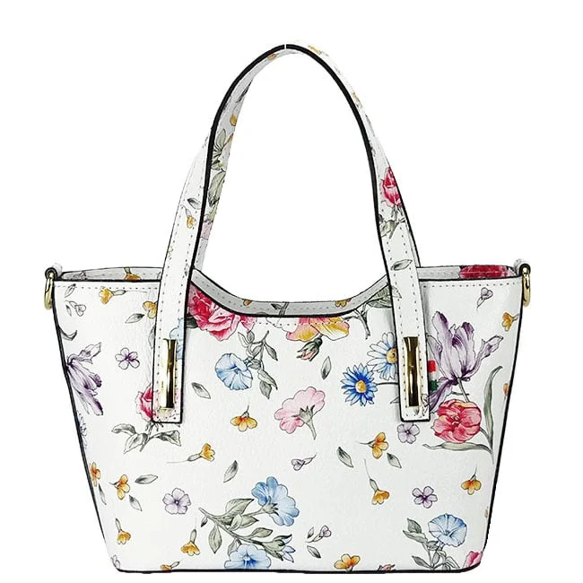 Geanta alba din piele naturala cu imprimeu floral 8904 131