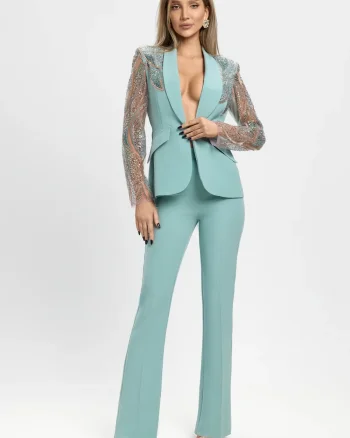 Compleu elegant verde menta cu maneci din broderie