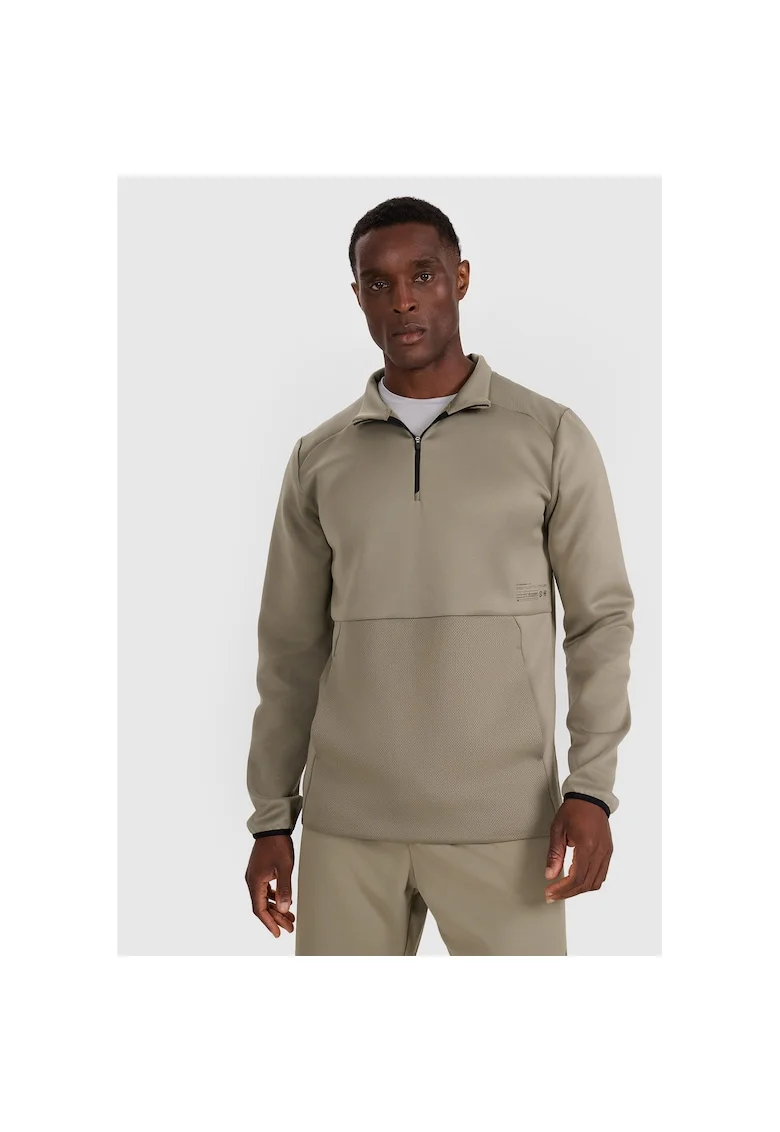 Bluza Deportiva  Barbati Kaki S-XXL, Material Sintetic, Fara Gluga, Uscare Rapida, Confort cotidian 290gsm, Antrenament Vant si Fermoar Gat, Buzunar Marsupiu Frontal