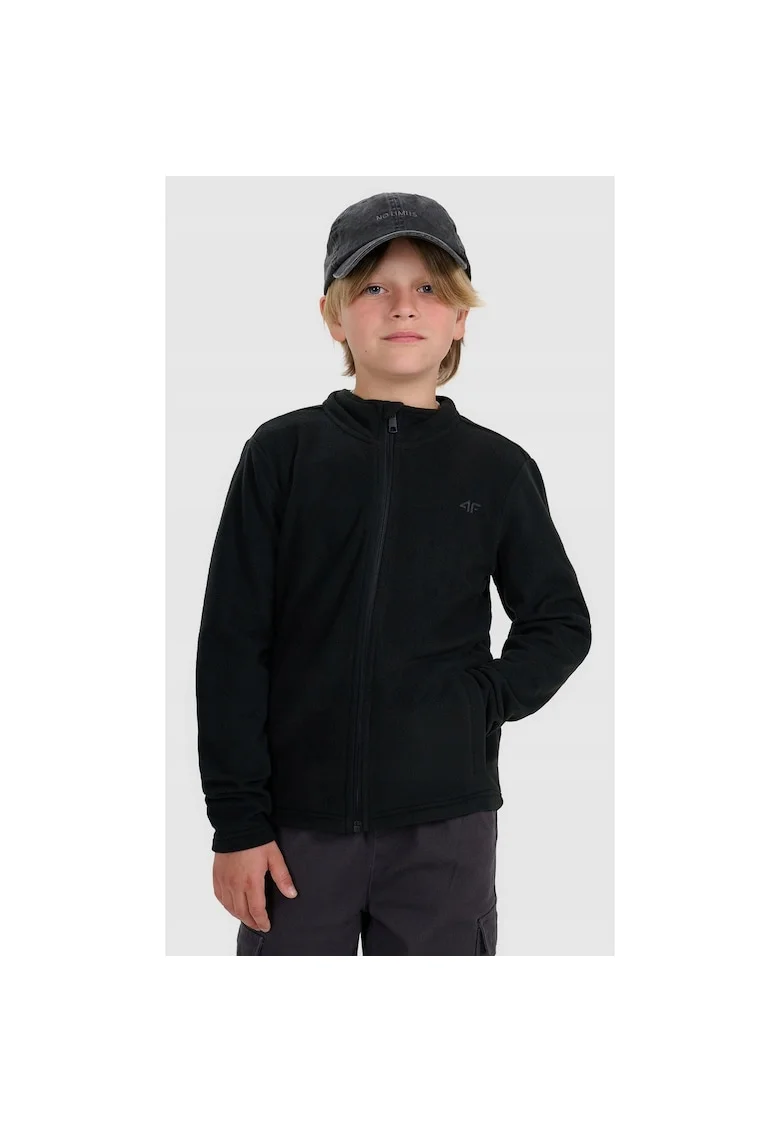 Hanorac sport baieti,  slim, guler inalt, negru, poliester, tehnologie 4F Warm,