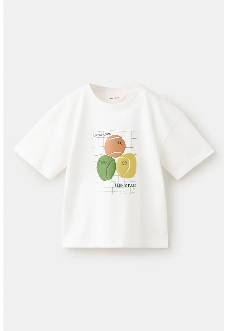Tricou cu decolteu la baza gatullui si imprimeu, Alb murdar/Verde iarba