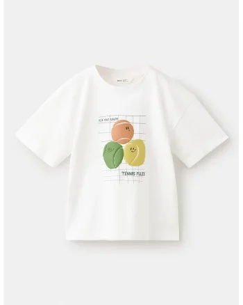 Tricou cu decolteu la baza gatullui si imprimeu, Alb murdar/Verde iarba