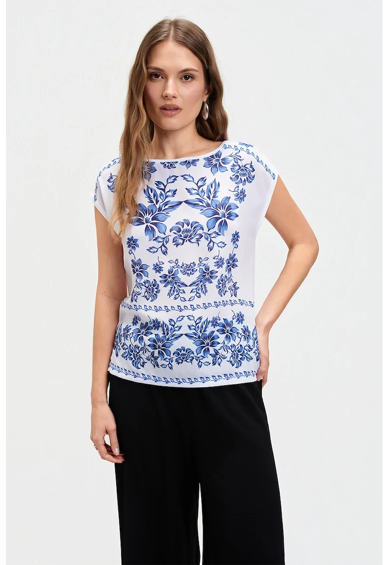Bluza cu imprimeu si maneci scurte, Alb/Albastru royal