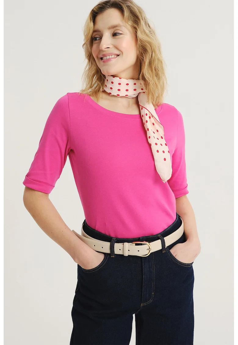 Bluza uni cu maneci medii si decolteu barcuta, Fucsia