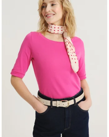 Bluza uni cu maneci medii si decolteu barcuta, Fucsia