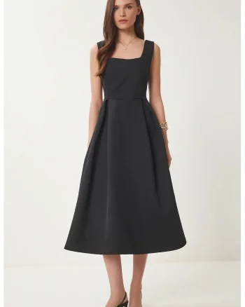 Rochie Midi, Happiness Istanbul, A-line, guler patrat, negru, poliester