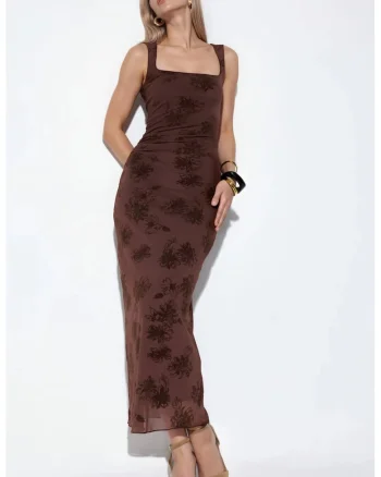 Rochie Midi,  Dreapta, Fara Maneci, Culoare Maro, Poliester-Elastan