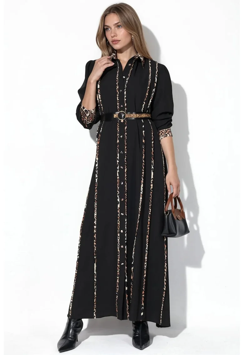 Rochie Camasa Maxi,  Negru, Croiala lejera, Maneci lungi, Poliester cu Lycra,