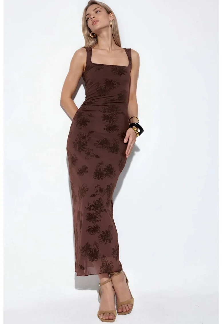 Rochie midi,  eleganta, fara maneci, maro, tricot poliester-elastan