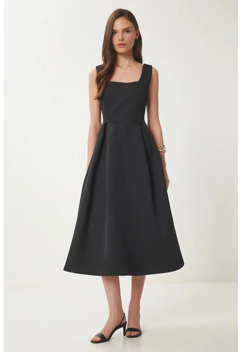 Rochie midi, Happiness Istanbul, guler patrat, croiala in A, negru, poliester,