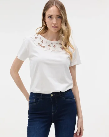 Tricou cu aplicație din dantelă ORSAY alb - S