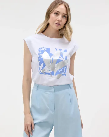 Tricou cu print frunze ORSAY alb - XXL