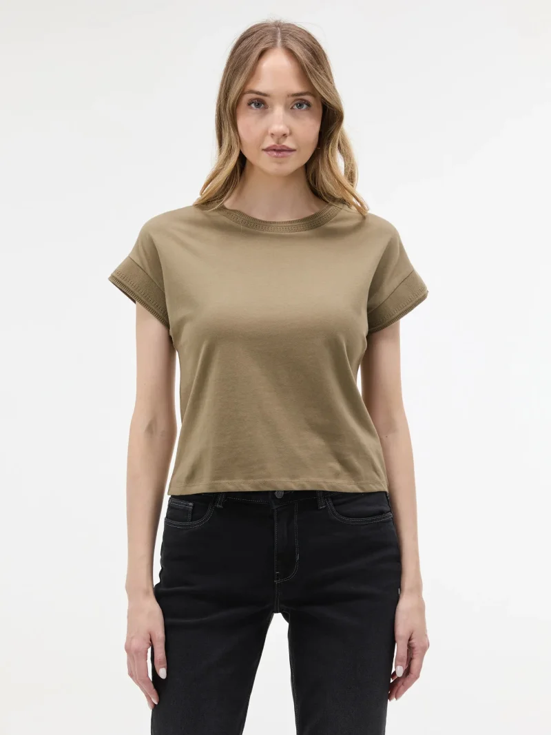 Tricou bumbac cu decolteu rotund și model perforat ORSAY kaki - XXL