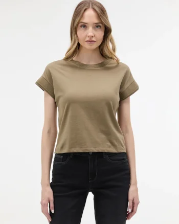 Tricou bumbac cu decolteu rotund și model perforat ORSAY kaki - XXL
