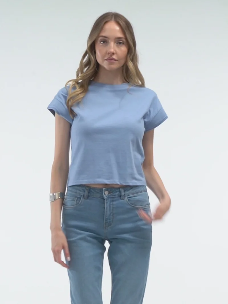 Tricou bumbac cu decolteu rotund și model perforat ORSAY bleu - XS