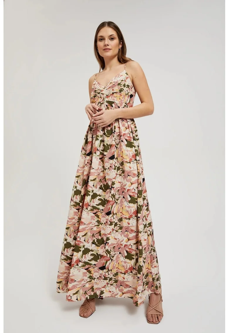 Rochia maxi roz cu model floral pe bretele, Roz lucios