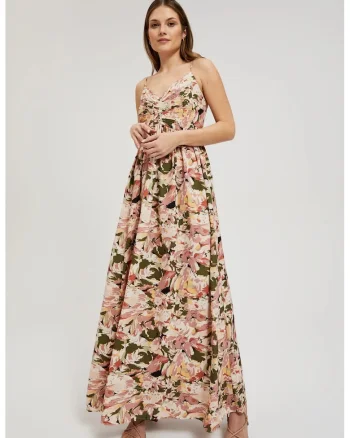 Rochia maxi roz cu model floral pe bretele, Roz lucios