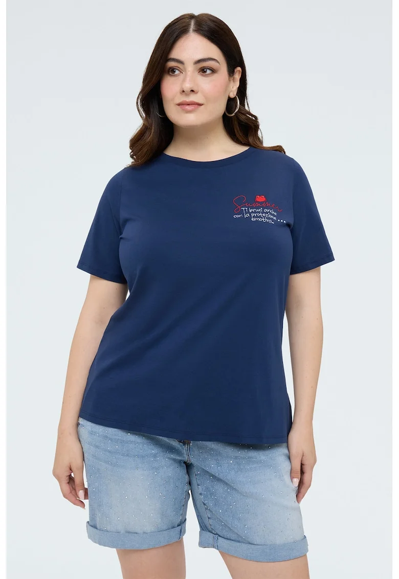 Tricou din bumbac cu broderie text, Bleumarin