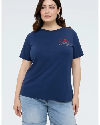 Tricou din bumbac cu broderie text, Bleumarin