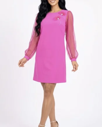 Rochie eleganta roz cu maneci din voal plisat