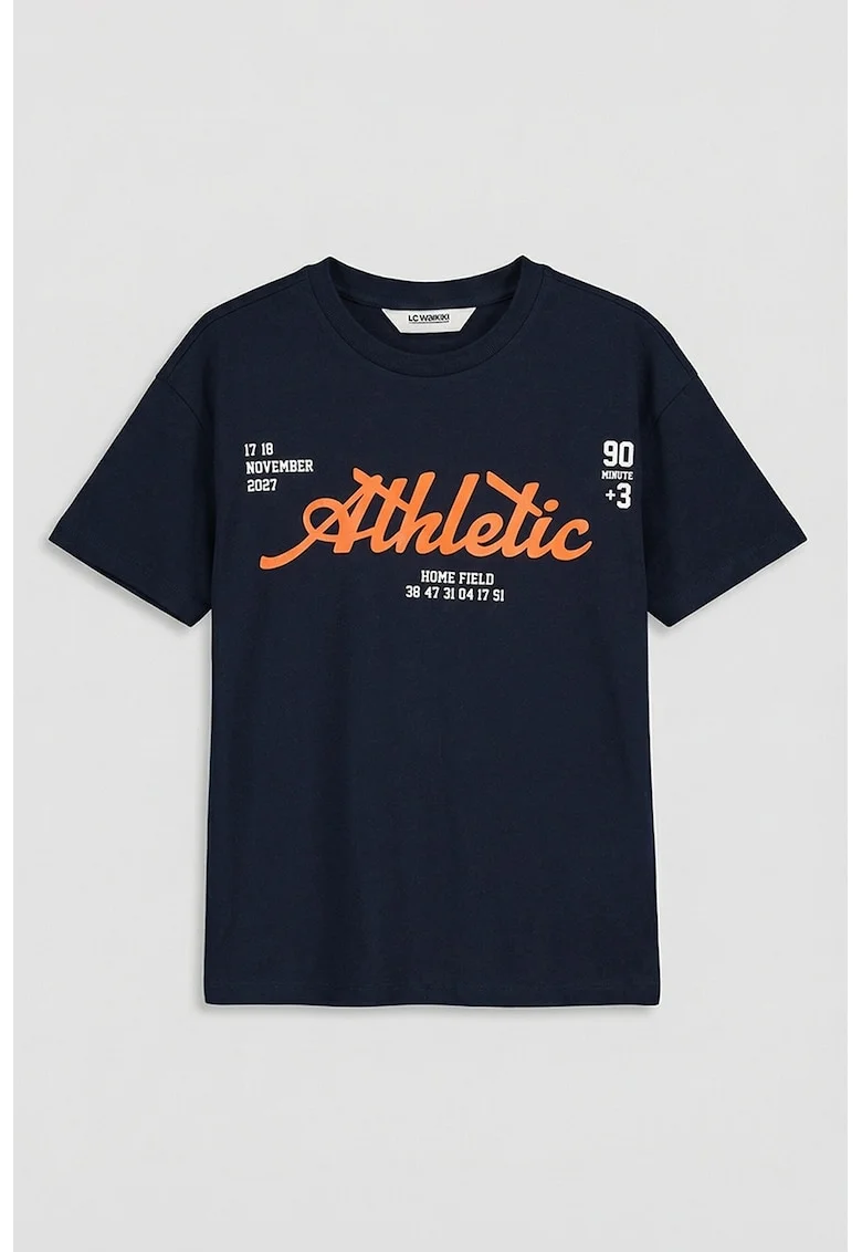 Tricou de bumbac cu imprimeu si decolteu la baza gatului, Albastru pastel/Albastru ultramarin/Portocaliu stins