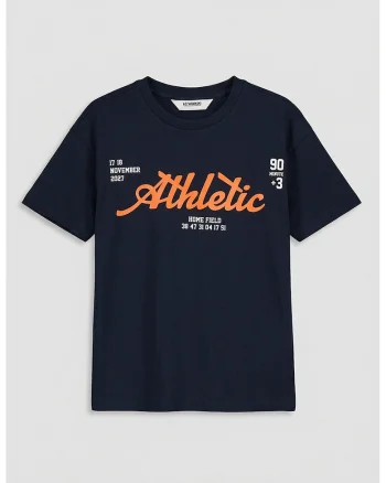 Tricou de bumbac cu imprimeu si decolteu la baza gatului, Albastru pastel/Albastru ultramarin/Portocaliu stins