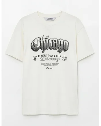 Tricou de bumbac cu imprimeu Chicago, Alb/Negru stins/Gri inchis