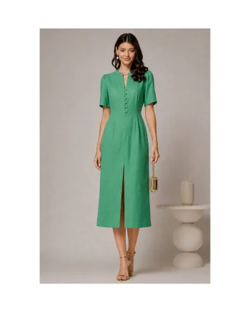 Rochie DY Fashion verde de zi de vara cu maneci scurte si nasturi la bust