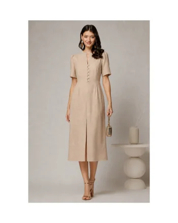 Rochie DY Fashion bej de zi de vara cu maneci scurte si nasturi la bust