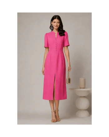 Rochie DY Fashion fucsia de zi de vara cu maneci scurte si nasturi la bust
