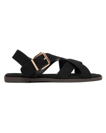 Sandale dama  elegant-casual, negru, material textil, inchidere cu catarama