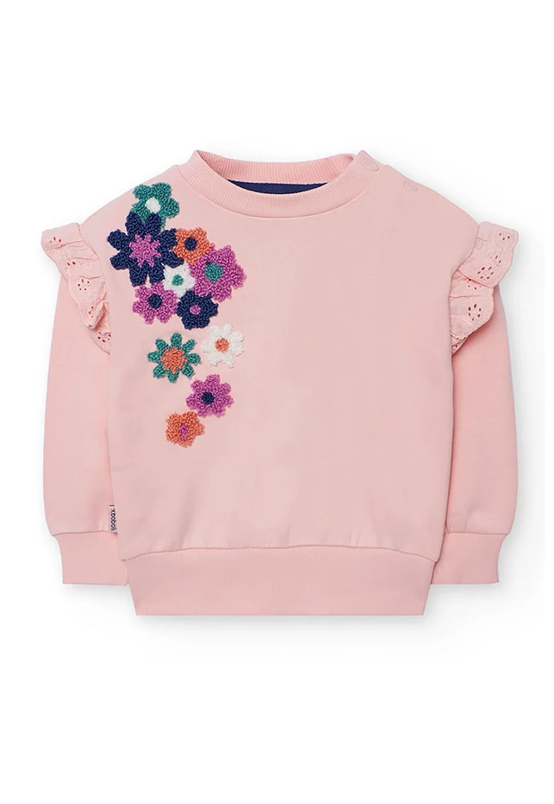 Bluza de trening cu aplicatii florale brodate si volane, Portocaliu/Roz prafuit/Albastru