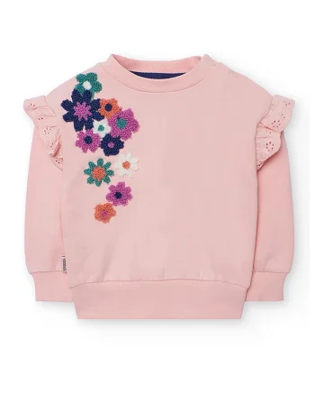 Bluza de trening cu aplicatii florale brodate si volane, Portocaliu/Roz prafuit/Albastru