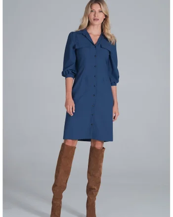 Rochie camasa  M849, maneci bufante, albastru, poliester 100%,