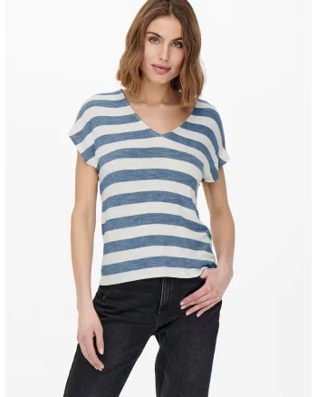 Tricou in dungi cu decolteu in V, Alb/Albastru