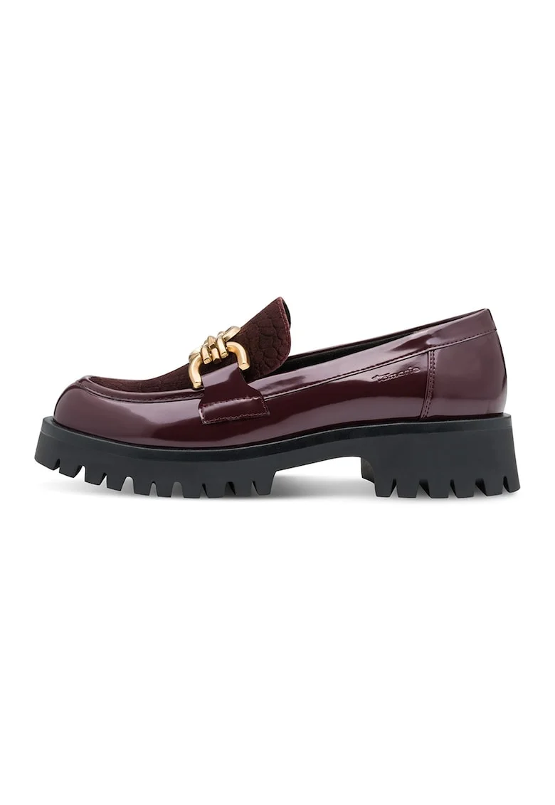 Pantofi loafer din piele ecologica cu detaliu metalic, Maro inchis/Negru