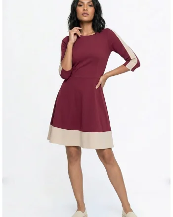 Rochie casual midi cu decolteu barcuta, maneca 3/4, croiala regular si inchidere la spate - M1337, bordo, M/L INTL