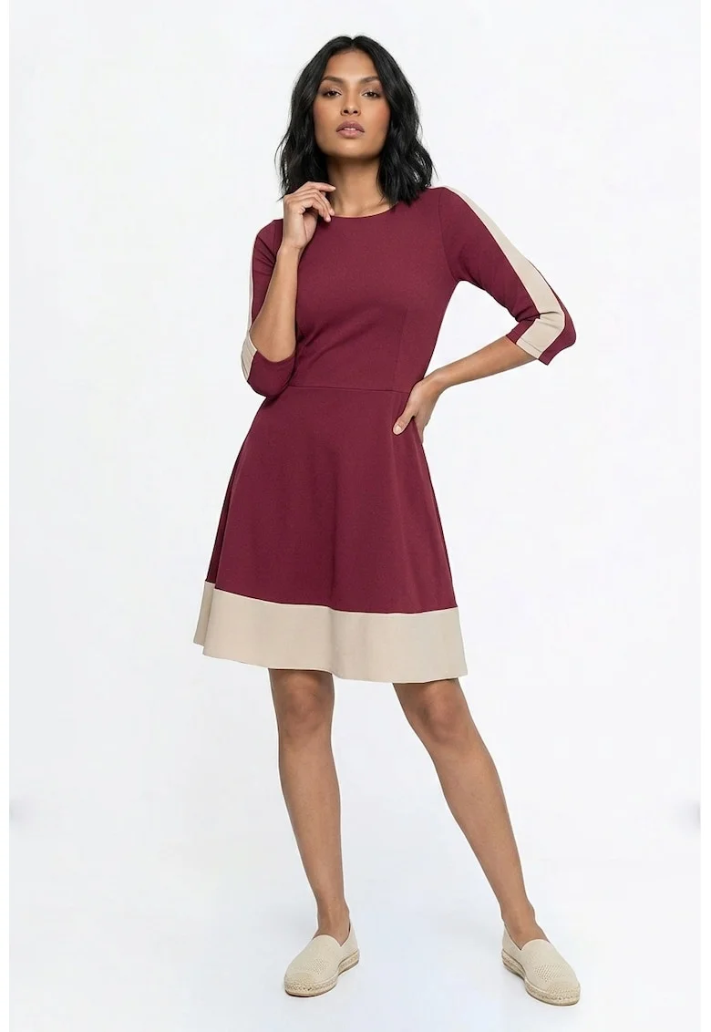 Rochie casual midi cu decolteu barcuta, maneca 3/4, croiala regular si inchidere la spate - M1337, bordo, S/M INTL