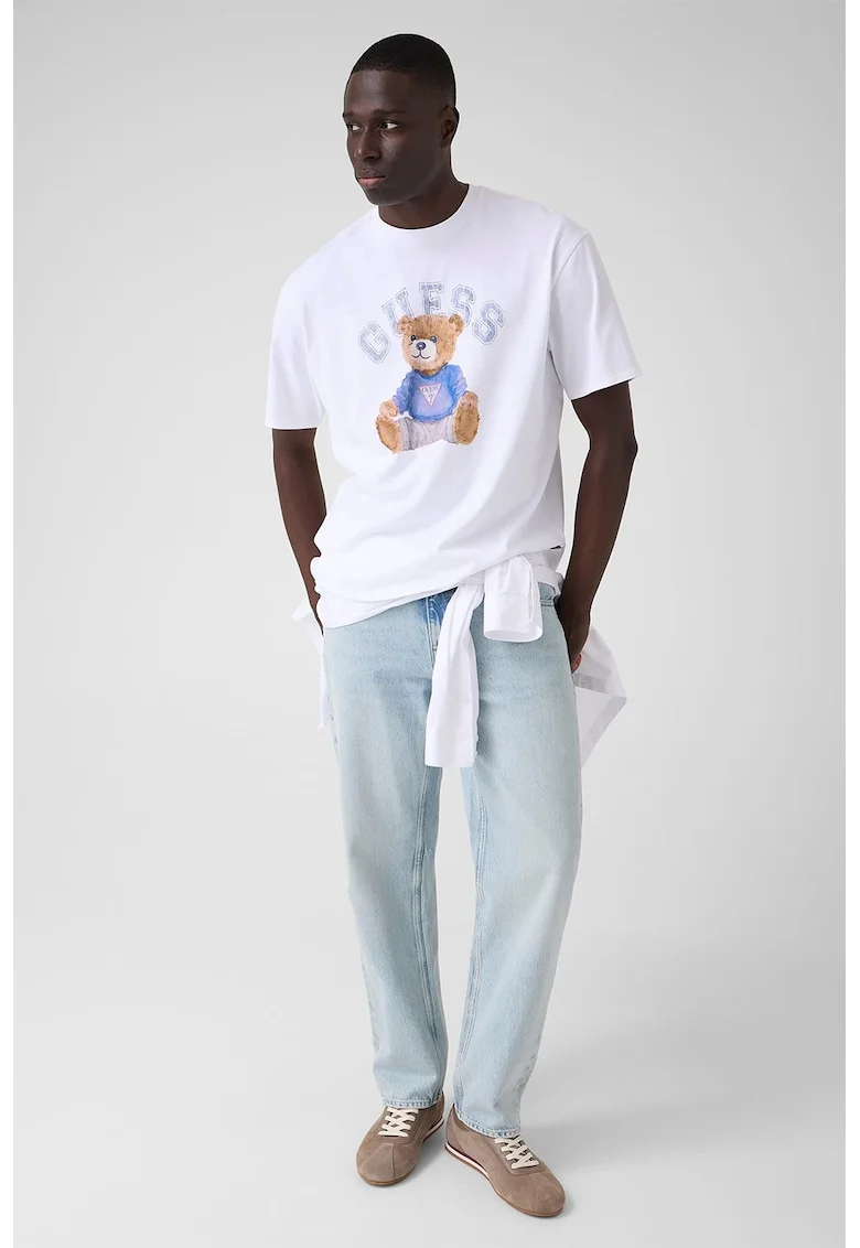 Tricou de bumbac cu imprimeu urs, Alb optic