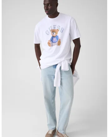 Tricou de bumbac cu imprimeu urs, Alb optic