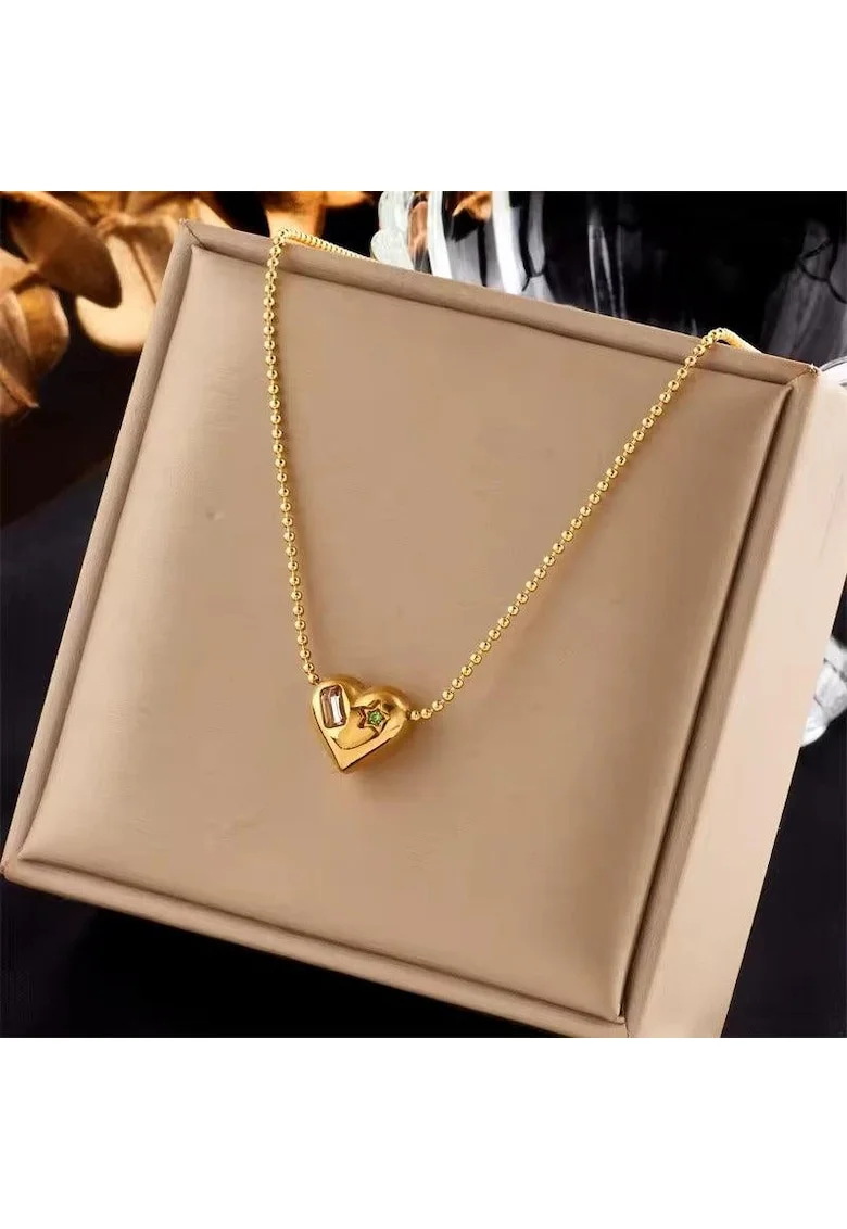 Colier auriu, din otel inoxidabil, cu pandantiv inima, cu pietre, suflat cu aur 18k, Tonna C1