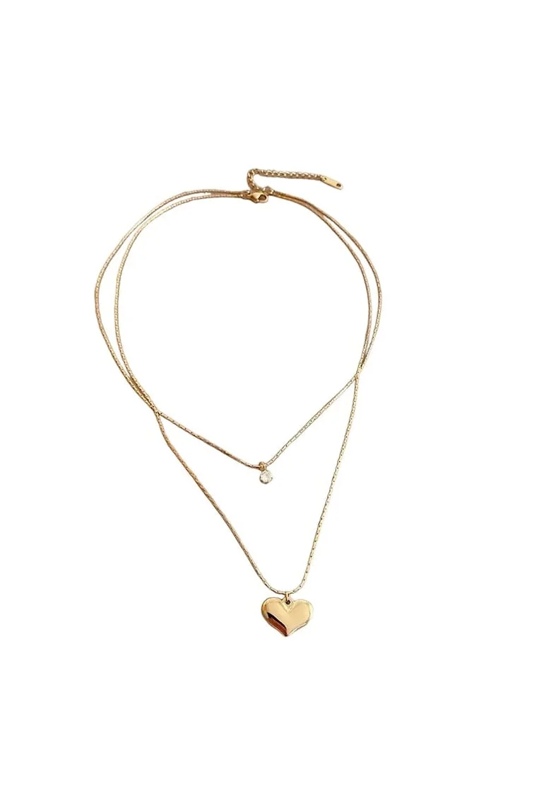 Colier auriu, in 2 straturi, din otel inoxidabil, cu inima si piatra zirconiu, suflat cu aur 18k, Rainer C5