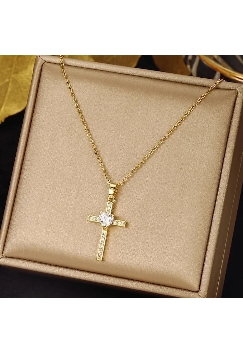 Colier auriu, din otel inoxidabil, suflat cu aur 18k, cu cruciulita si pietre din zirconiu, Indira C4