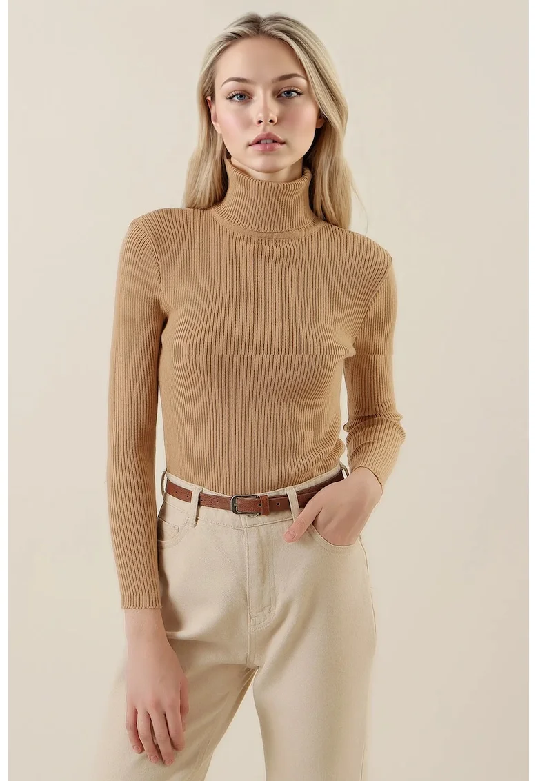 Pulover dama,  texturat, guler inalt, tricot, Bej Natural,